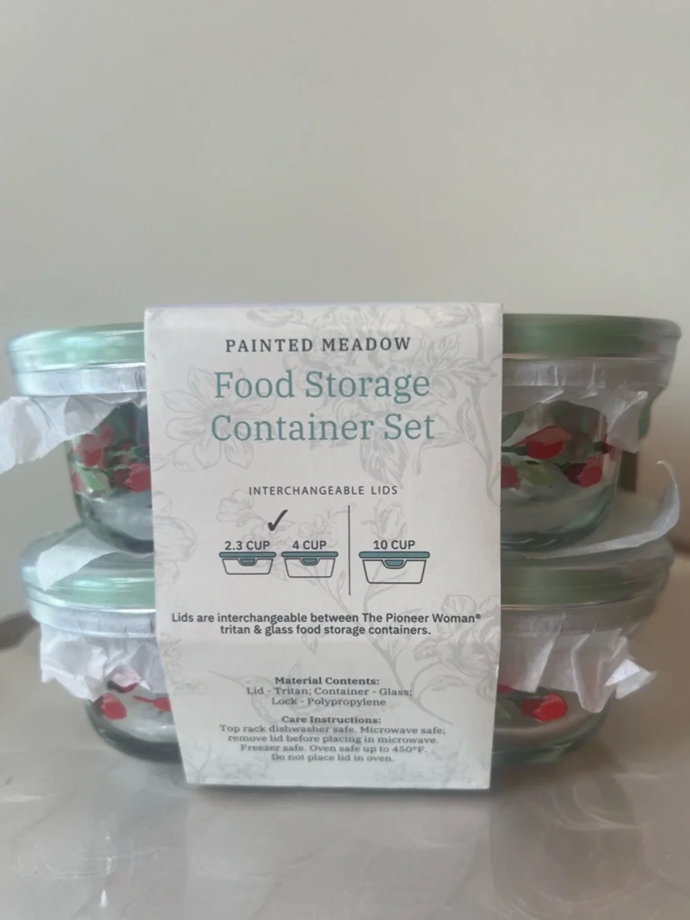 The Pioneer Woman Painted Meadow Glass Food Storage Set 4pc 2.3 Cup